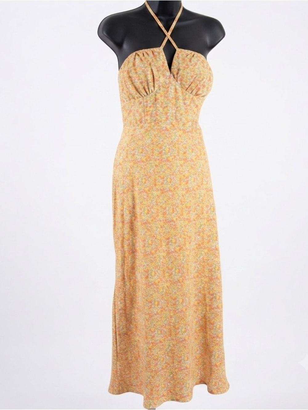 Le Lis an orange and yellow micro-floral halter midi/maxi dress xs d3